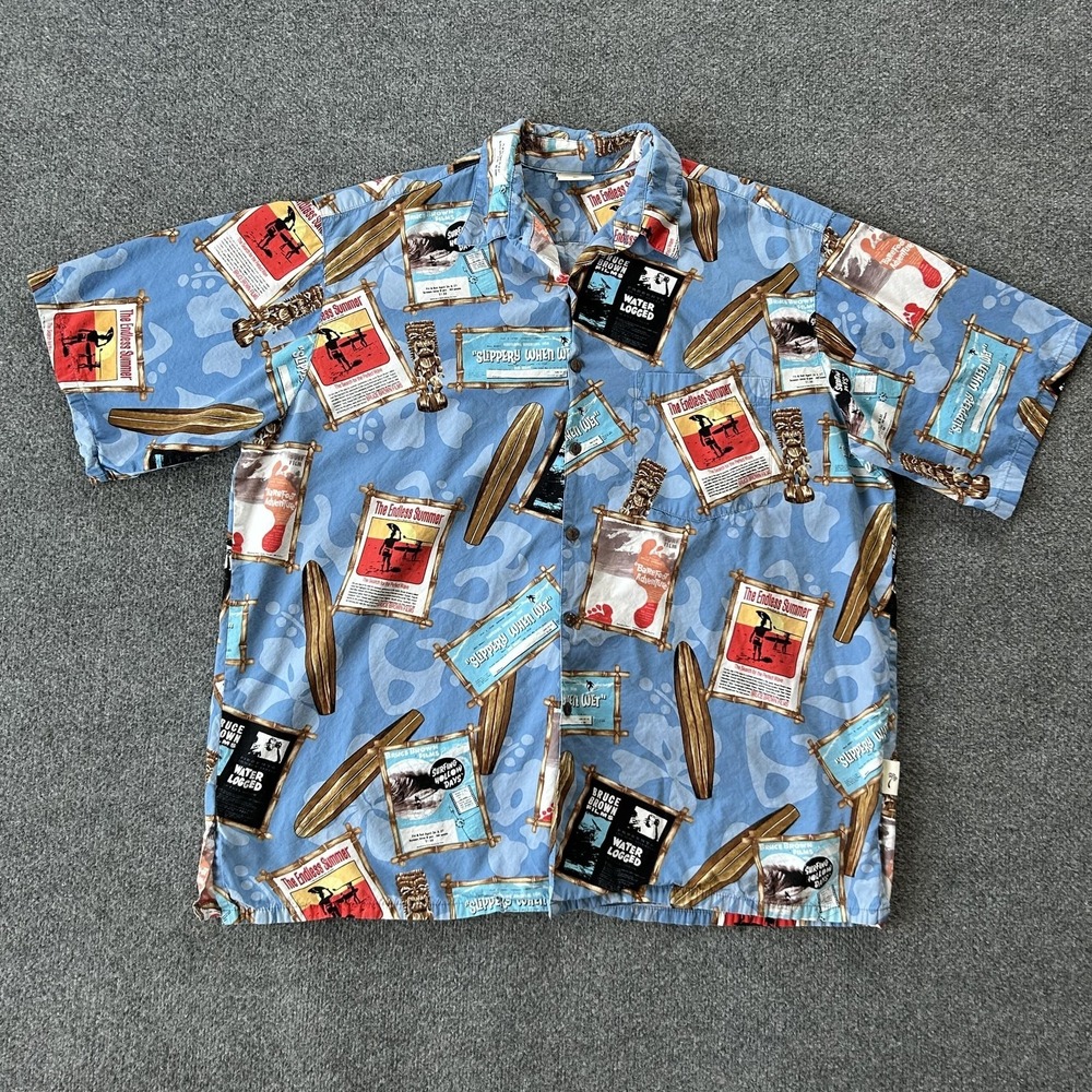 Vintage Go Barefoot Shirt Mens XL Blue Endless Summer Hawaiian Tiki Surf USA 90s